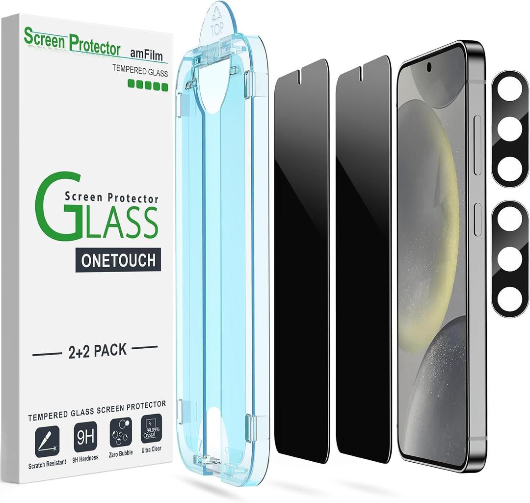 amFilm Auto-Alignment OneTouch for Samsung Galaxy S24 6.2'' Privacy Screen Protector + Camera Lens Protector, Tempered Glass, 30 Seconds Installation, Bubble Free, Privacy Protection 2+2 Pack
