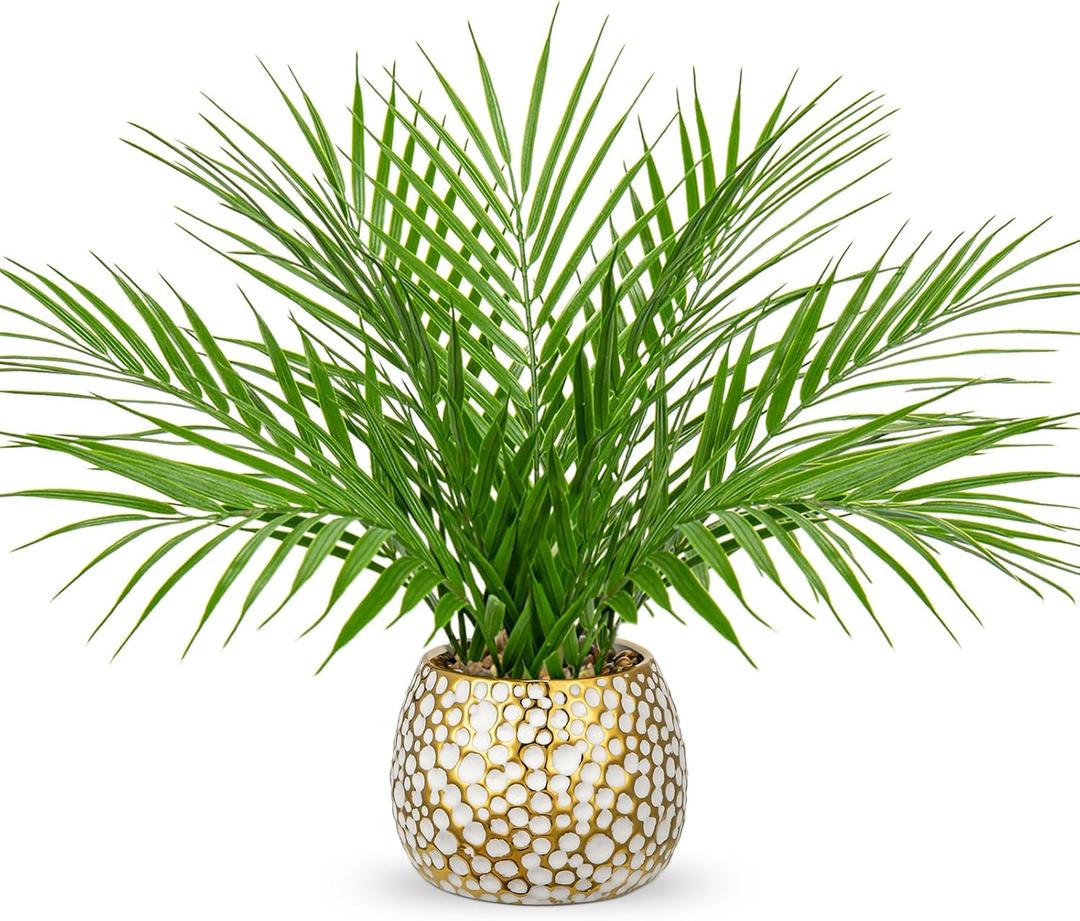 Briful Fake Plants 15'' Faux Palm Plant in Gold-White Pot Realistic Artificial Plants Indoor for Home Farmhouse Centrepieces Wedding Decorations