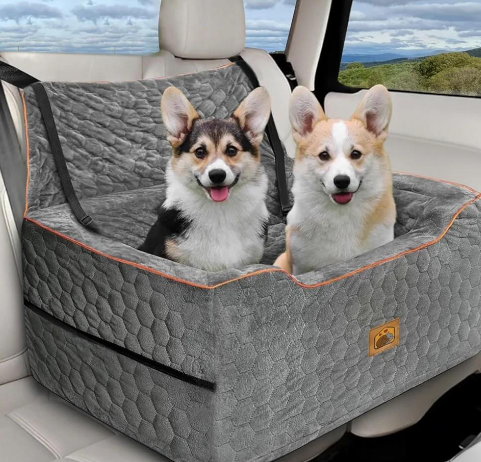 Dog Car Seat for Medium/Large Dog Booster Seat Under 60 lbs or 2 Small Dogs, MultiFunctional Pet Car Seat with Thick Cushion, 2 Safety Leashes (Gray)
