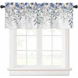 Kitchen Curtain Valance for Windows Blue Eucalyptus Leaves Watercolor Floral Spring 1 Panel, 54 x 18 Inch Rod Pocket Valance Window Treatments Short Curtains for Bathroom Bedroom (Flowersoa46480)