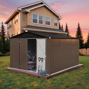 10 x 8 FT Outdoor Storage Shed, Metal Garden Tool Shed with Slooping Roof, Lockable Doors and Aluminum Frames, Easy to Assemble for Garden, Patio, Lawn, Brown