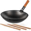 YOSUKATA Carbon Steel Wok Pan - 14  Woks and Stir Fry Pans + Reusable Natural Wooden Long Cooking Chopsticks Set of 3 pairs: 11.8 inch, 13-inch, 14.2 inch