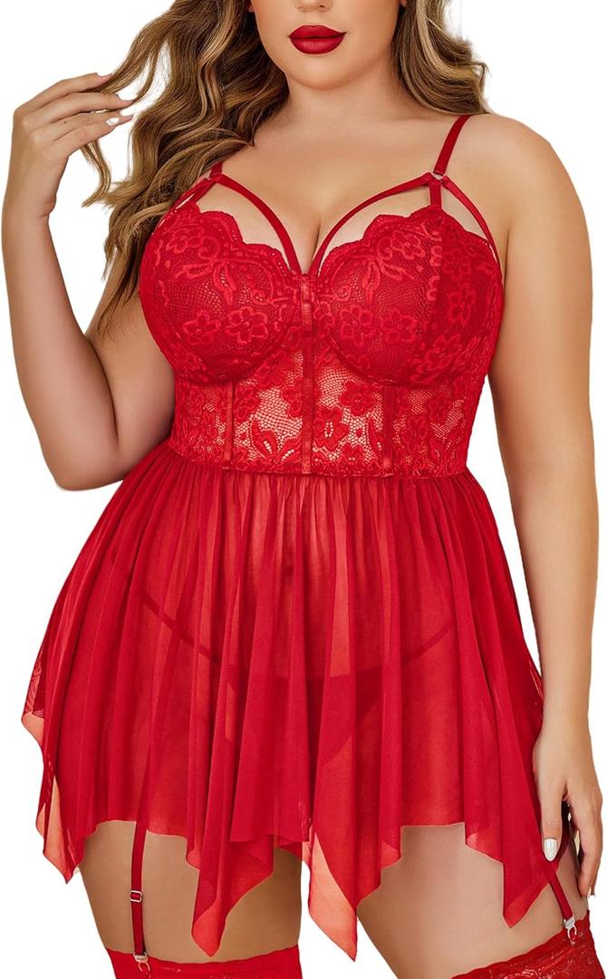 Avidlove Plus Size Lingerie Mesh Lace Lingerie Top Babydoll Lingerie Exotic Nightgowns (4X-Large, Red)