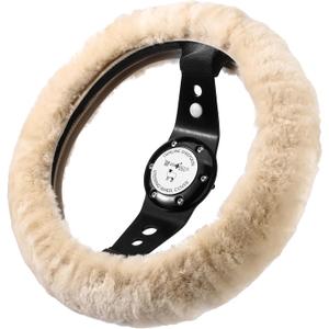 Andalus Brands Luxury Fluffy Car Steering Wheel Covers – Genuine Merino Sheepskin, Soft Fuzzy Car Steering Wheel Cover for Women, Universal 14.5-15" Size, Plush Fur Cute Auto Accessories, Pearl