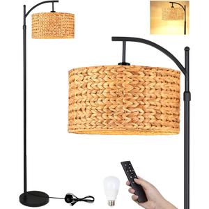 Floor Lamp for Living Room Bedroom Farmhouse Arc Rattan Boho Standing Lamp with Remote Dimmable Black Wicker Bamboo Lamp Shade Floor Light Adjustable Tall Lamp Industrial Floor Lamps Bohemian