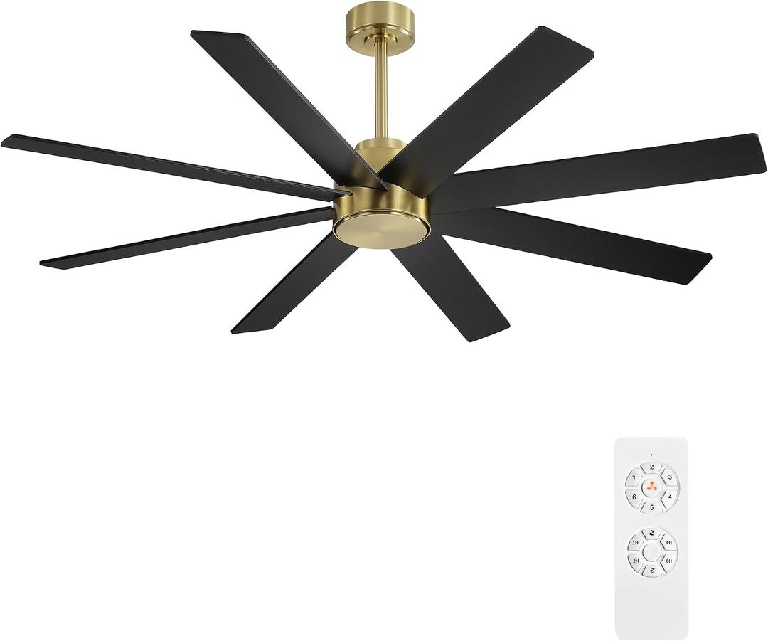 WINGBO 60" Large DC Ceiling Fans without Lights, 3 Downrods, 8 Plywood Blades, 6-Speeds Reversible DC Motor, Indoor Ceiling Fan No Lights for Bedroom Living Room Patio, Brass and Black