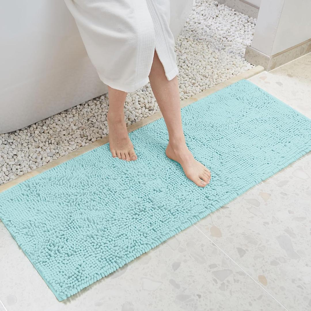 TECHMILLY Soft Fluffy Chenille Bathroom Rugs, Non Slip Absorbent Bath Mats for Bathroom, Washable and Quick Dry, Light Blue, 20" x 47"