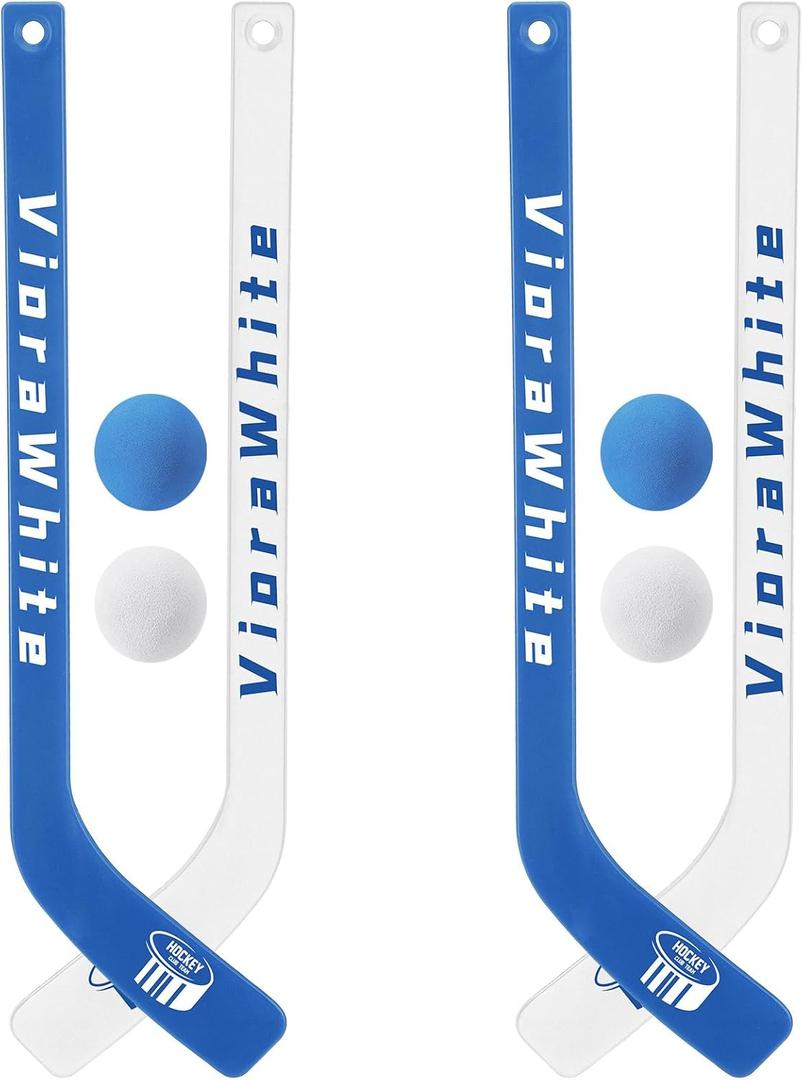 8 Pcs Mini Knee Hockey Stick and Ball Set Knee Hockey Set Includes 4 Mini Sticks and 4 Foam Balls for Sports Winter Indoor Floor (White Blue)