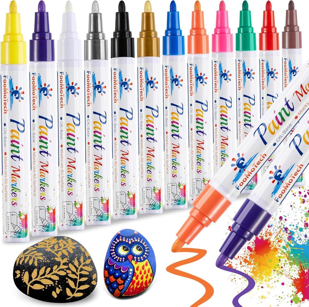 FooMoTech Paint Pen Markers - 12 Colors Permanent Acrylic Markers, Oil Based, Medium Tip, Quick Dry, Wateproof Paint Markers for Rock, Fabric, Metal, Wood, Plastic, Canvas, Leather, Glass (MultiColor - 12 Pack)
