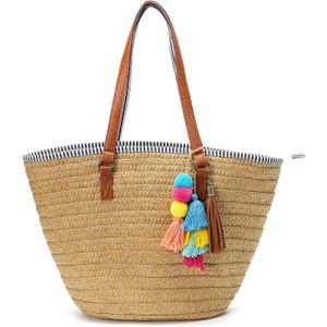 Epsion Straw Beach Bags Tote Tassels Bag Hobo Summer Handwoven Shoulder Bags Purse With Pom Poms (A-light Brown)