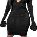 LYANER Women's Collar Low Cut V Neck Ruched Long Sleeve Bodycon Club Mini Dress (X-Small, Black)