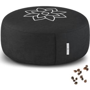 Mindful & Modern Large Meditation Cushion for Zafu Yoga - Meditation Pillow for Sitting on the Floor - Buckwheat Hull Filled Yoga Cushion with Removable, Washable 100% Cotton Cover and Carry Handle (Round - Black)