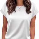 BTFBM Summer Tops for Women 2026 Dressy Satin Blouses Loose Crew Neck Short Sleeve Shirts Work Business Casual Outfits (L)