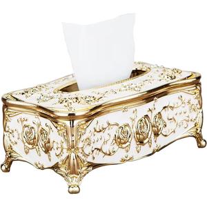 Moorfowl Vintage European Tissue Box Cover Rectangle Rose Pattern Long Tissue Box Holder for Bathroom Vanity Countertop, Bedroom Dresser, Nightstand and End Table (Gold White)