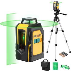 PREXISO 360 Laser Level with Tripod, 100Ft Self Leveling Cross Line Laser- Green Horizontal Line for Construction, Floor Tile, Renovation with Target Plate, Green Glasses, Carry Bag, 4 AA Batteries