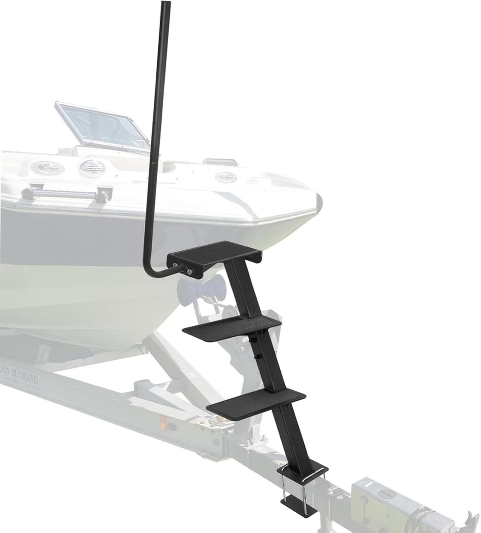 Boat Trailer Step, Heavy Duty Steel 3 Steps Ladder for Boat Trailer Tongue with Left or Right Adjustable Handrail, 450lbs Capacity, Black