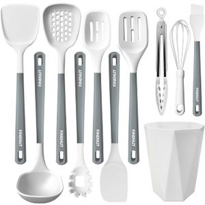 FINENUT Silicone Cooking Utensils Set 11PCS - BPA-Free&Non-Toxic 446°F Heat Resistant,Wooden Handle Kitchen Tools for Nonstick Cookware,Heat Resistant&Scratch-Proof Includes Spatula/Turner/Ladle(Gray)