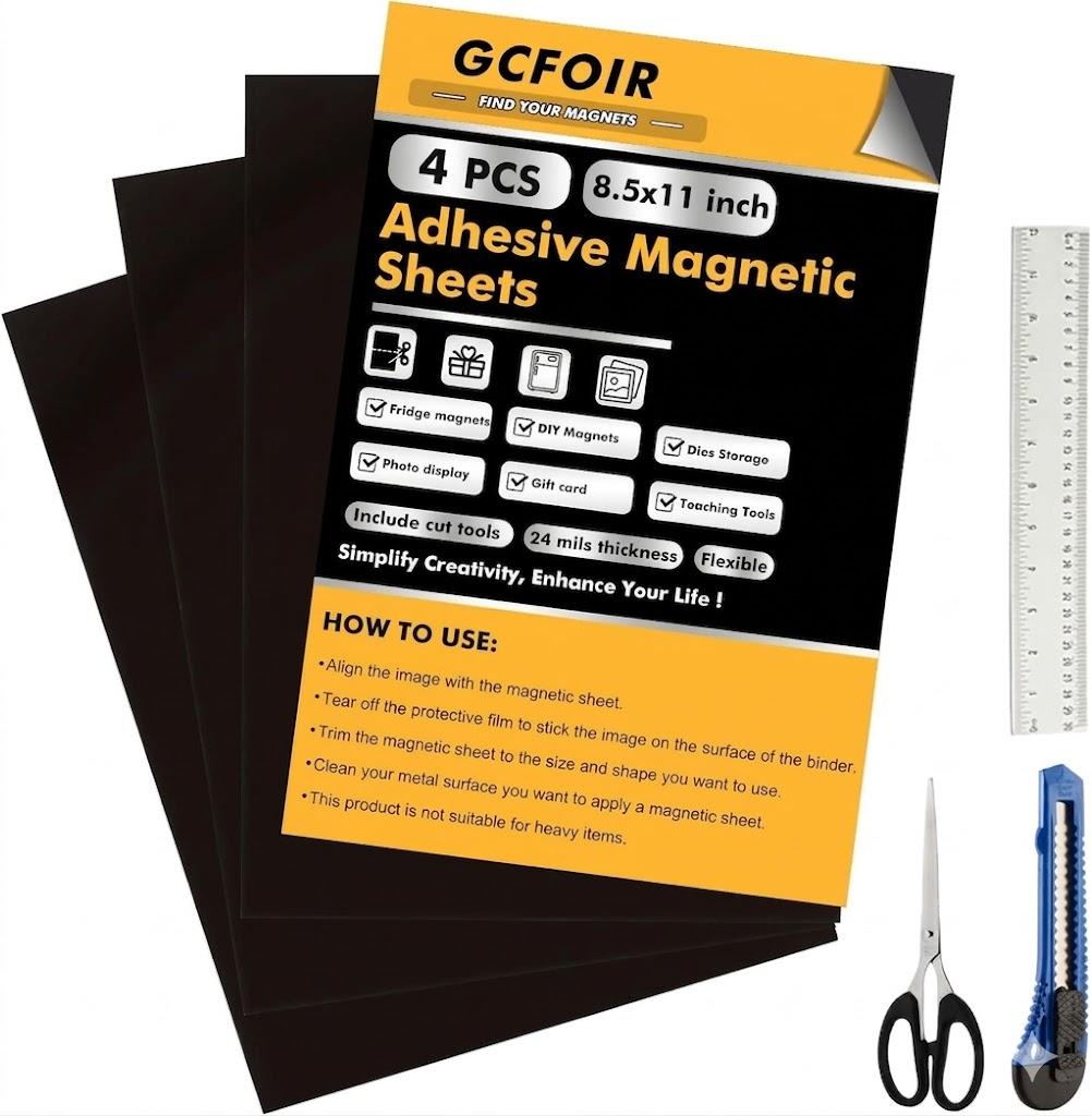 GcFoir Adhesive Magnetic Sheets 8.5 x 11 Inch, 4 Packs Magnetic Sheets with Adhesive Backing - 0.5mm Thickness Flexible Magnet Sheets for Dies Storage, Craft Projects, Photos, School, Office