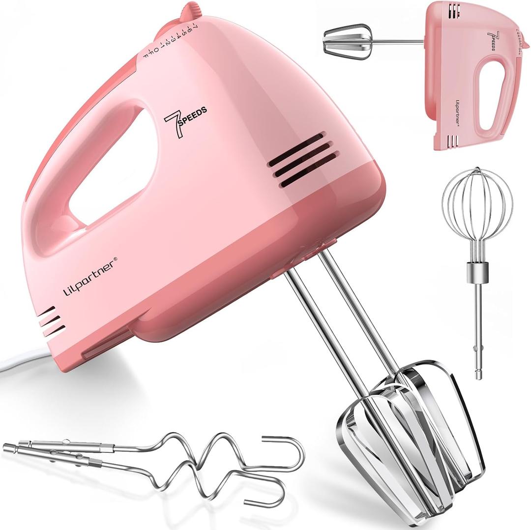 Hand Mixer Electric, Ultra Power Kitchen Hand Mixer With 7-Speed & 5 Stainless Steel Accessories for Whipping Dough, Cream, Cake, Dishwasher Safe, Pink