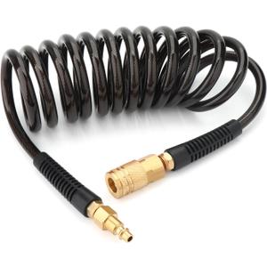 GASHER 1/4" x 10FT Black Reinforced Polyurethane Recoil Air Hose with Bend Restrictor, 1/4" Industrial Quick Coupler and Plug