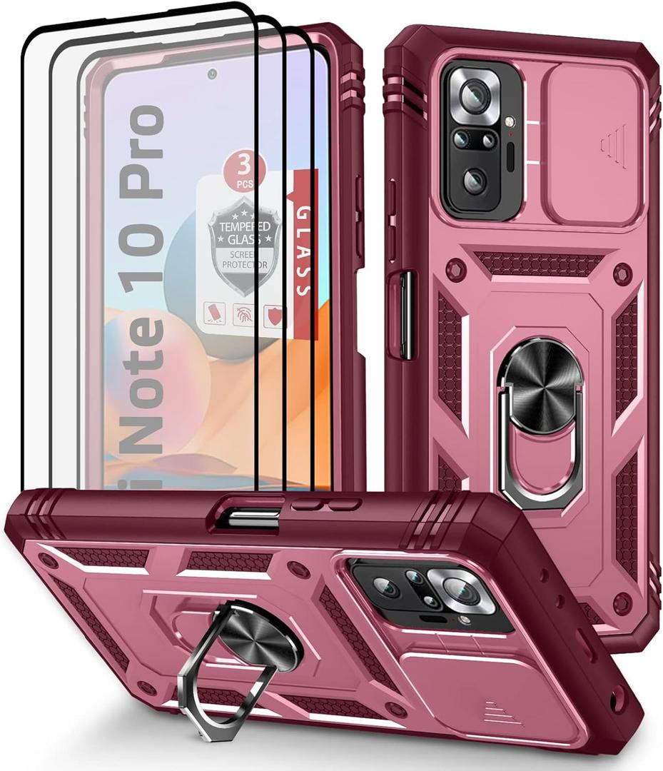 Xiaomi Redmi Note 10 Pro/Pro MAX Case With 3 Pcs Tempered Glass Screen Protector, Built-in Ring Stand Kickstand, Camera Cover - Hard PC Soft TPU Defender Full Body Armor - Wine