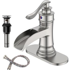 BWE Brushed Nickel Bathroom Sink Faucet 1 Hole, Single Handle Waterfall Bathroom Faucet with Pop Up Drain and Hoses, Lead-Free Vanity Faucet for Home or Commercial Use, Brass Construction