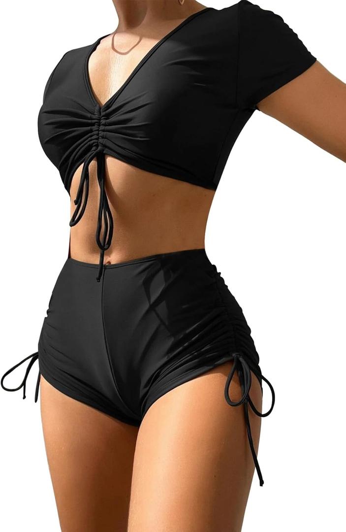 Lilosy High Waisted Tummy Control Drawstring Bikini Set Srting Swimsuit Short Sleeve Top and Tie Side Shorts 2 Piece (X-Large, Shorts Black)