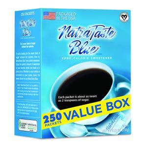 NatraTaste Blue Zero Calorie Sweetener, Bulk Sugar Substitute for Coffee, Iced Tea, Lemonade, Hot & Cold Drinks, Baking, Cooking, Low Carb, Vegan, Sugar Alternative, 250 Packets Value Box (8 pack) | Sugar Substitute for Coffee, Iced Tea, Lemonade, Hot & Cold Drinks, Baking, and Cooking, Low Carb, Vegan, Sugar Alternatives (EXP 01/01/27)