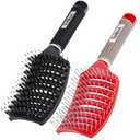 Boar Bristle Hair Brush Set - Dry/Wet Hair Brush Detangler for Fine, Thick, Curly Hair - Curved and Vented Hair Brush for Women, Men or Kids (Black & Red)