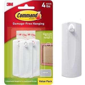 Command Sticky Nail Sawtooth Picture Hangers, 3-Pack, Damage-Free Wall Hanging, Holds 5 lbs Each, No-Tools Adhesive for Sawtooth Frames, Canvas Art and Home Decor, Removable with No Wall Damage (3 Medium Hooks, Black)
