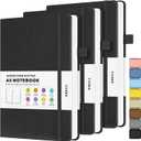 Lined Journal Notebook, 1Pack A5 College Ruled Notebooks for Work, Hardcover Notebook Each with 2 Pockets & Pen, Leather Journal for Women, Men, 160 Pages, 100GSM Thick Paper (Black, Brown, Grey)