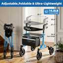 WALK MATE Rollator Walker for Seniors with Seat, Lightweight Foldable | Upgraded Thumb Press Button for Height Adjustment, 8 Inch Wheels,18" Wide Seat, 14.7lb Aluminum Frame, 300lb Capacity, Blue
