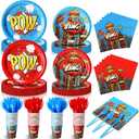 Potchen 210 Pcs Hero Party Supplies for 30 Guests Paper Plates Napkins Cups and Cutlery Red Blue Hero Themed Activity Disposable Tableware Decorations for Boys Birthday Party Baby Shower