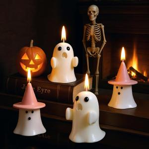 2 x Minatee 4 Pieces Halloween Ghost Candles Large Scented Spooky Cute Pink Witch Hat Candles Gifts for Halloween Party Boo Basket Stuffers Home Table Decor, 2 Style (White)