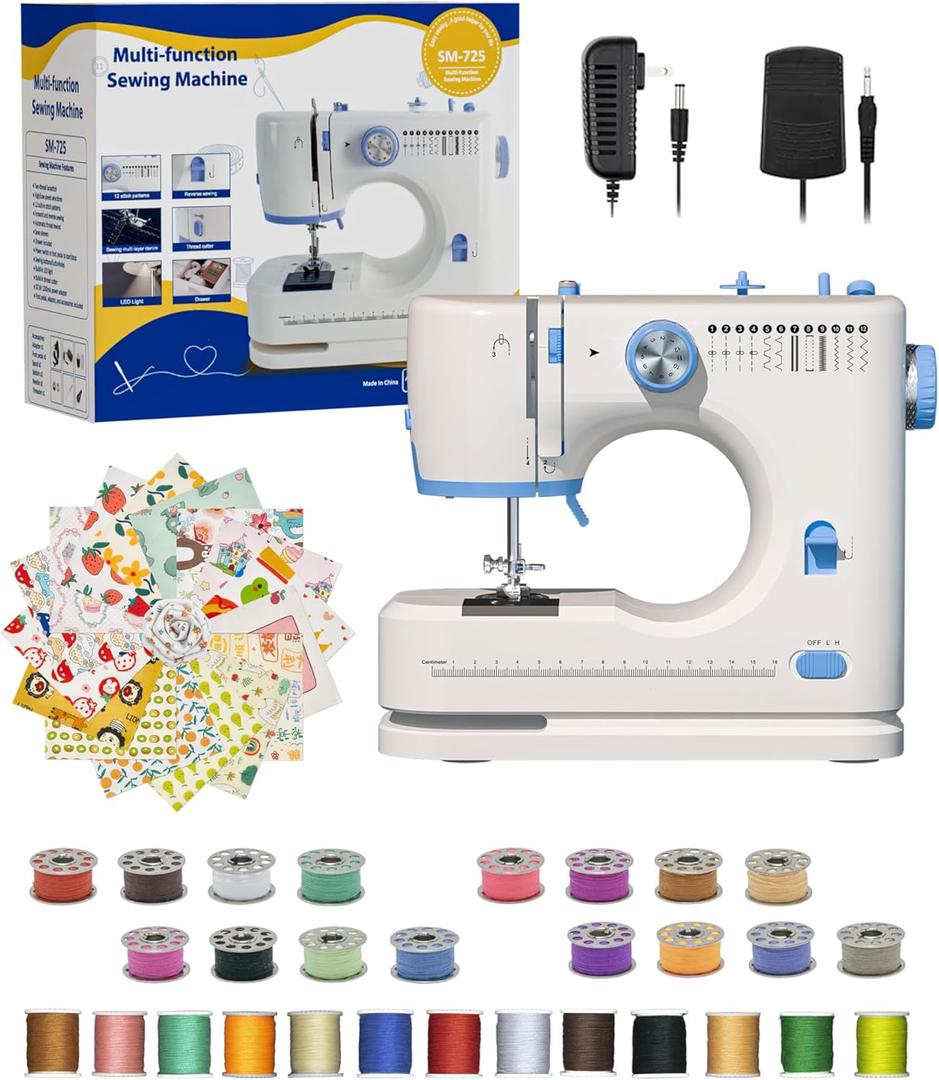 Portable Sewing Machine, Lncludes Beginner Basic Sewing Machine Kit, 12 Stitch Patterns Built-In, Versatile 2-Speed Foot Pedal, Great for Beginners, Adults, Home Use - Blue and White-S3