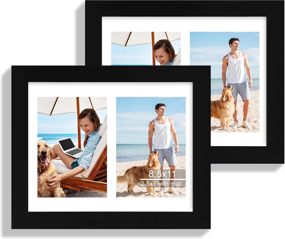 8.5x11 Picture Frame Set of 2, Black Certificate Document Frames with Glass Collage Frame, Display Pictures Two 5x7 With Mat or 8.5 x 11 Without Mat - Horizontal or Vertical Wall Mounting