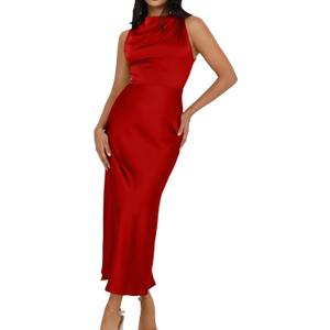 Memoriesea Women's Sexy Sleeveless Cowl Neck Flowy A Line Party Cocktail Midi Dress (Red)