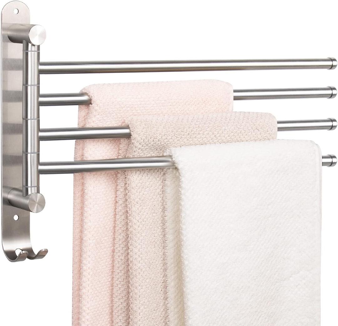 Swivel Towel Rack, Thicken SUS304 Stainless Steel 4-Arm Towel Bar, Space Saving Wall Mounted Towel Holder with Hook, Rustproof Swing out Towel Hanger for Bathroom, Kitchen (Brushed Nickel)