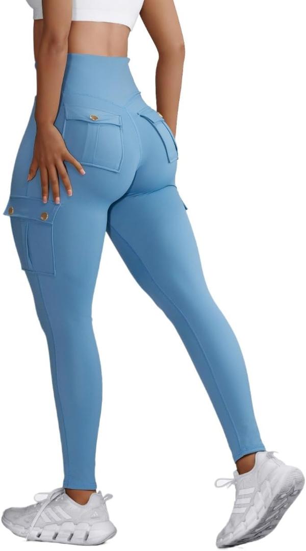 Butt Lifting Leggings with Flap Pockets Workout Cargo Leggings for Women High Waist Tummy Control Running Yoga Pants (X-Large, Sky)