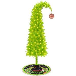Christmas Tree 6FT, Whimsical Bendable Artificial Tree, Lime Green Design with Tree Skirt & Red Ball Ornament, Christmas Decorations Indoors and Outdoors