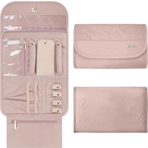 Travel Jewelry Organizer Box, Foldable Travel Case for Earrings, Necklaces, Rings, Bracelets, Pink