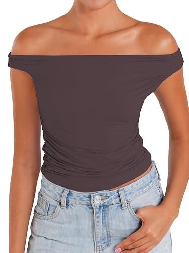 Sunzel Women's Off Shoulder Sleeveless Crop Top, Y2K Trendy Going Out Tank Shirt, Asymmetrical Neckline & Ruched Detail Seal Brown Large