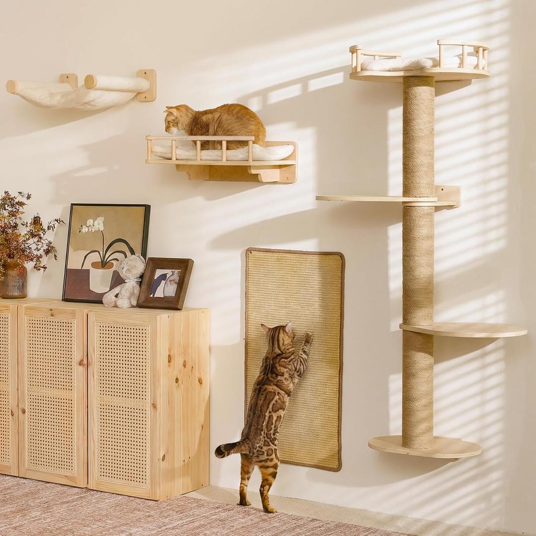 FUKUMARU Cat Wall Shelves, 4 in 1 Set, Beige
Stable Wooden Wall-Mounted Furniture Set, Climbing Tree with Hammock, Bed, Perch and Scratching Mat