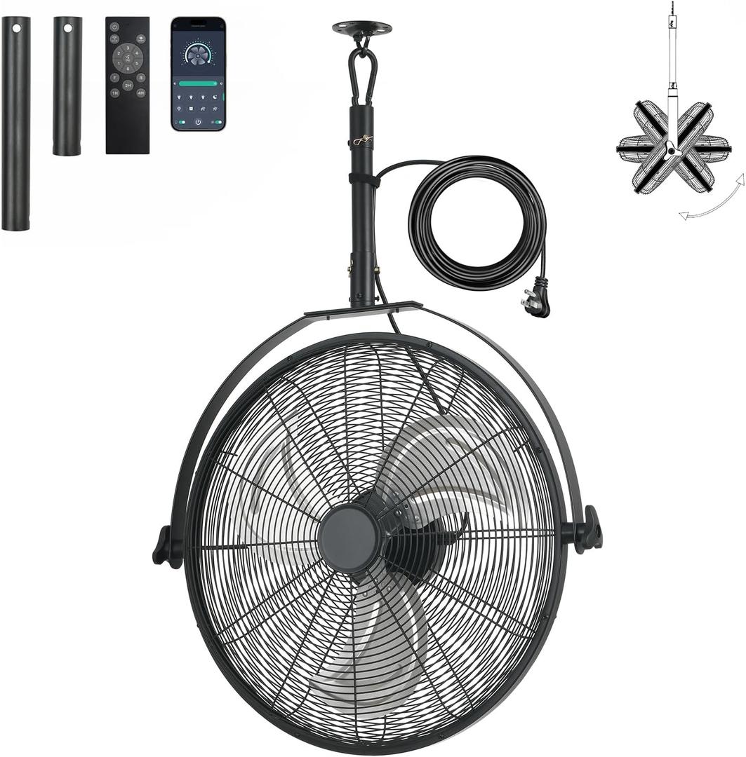 AHAWILL 22.8" Gazebo Patio Outdoor Fan - 360 Rotatable Fixed Angle, Plug-in, 6 Speeds, Timer & Reversible, 2-in-1 Hanging/Standing for Tool Room,Garage.