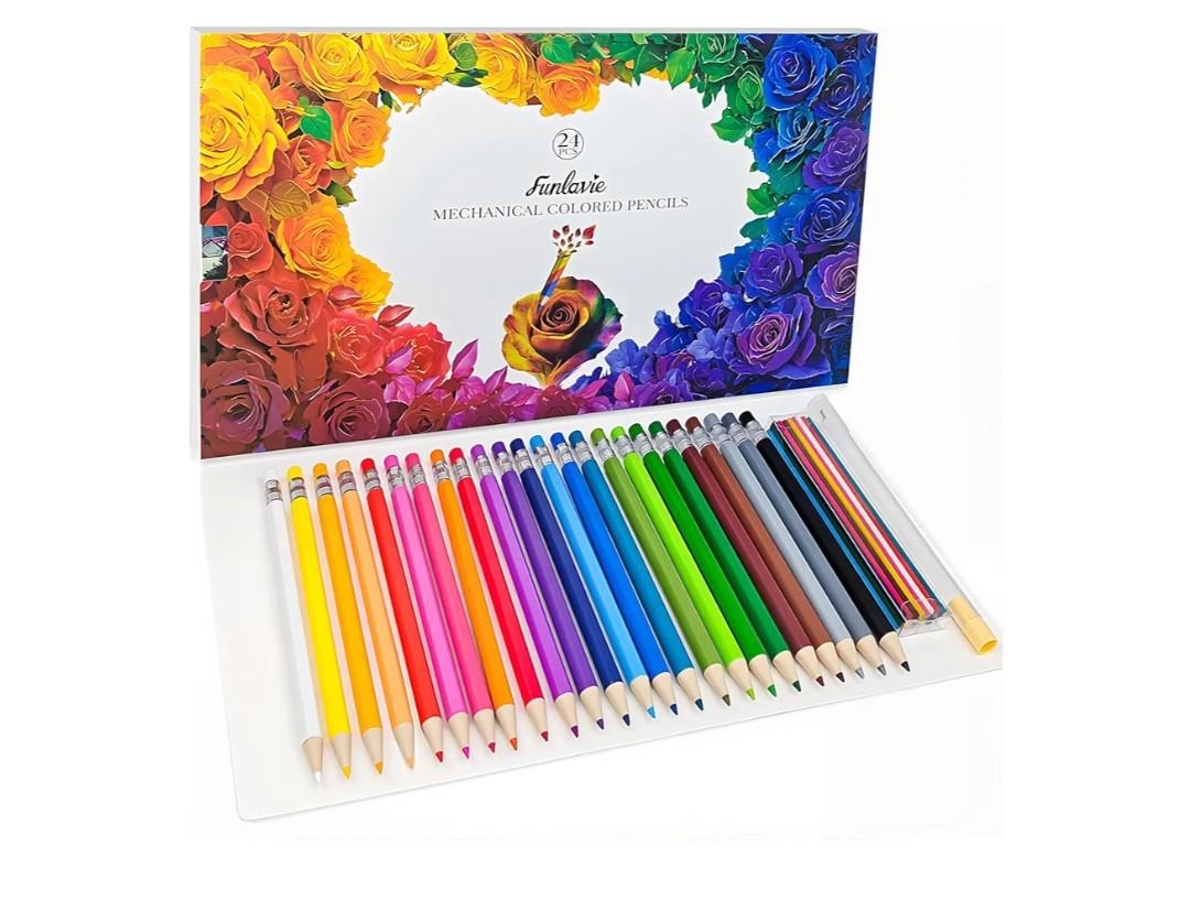 24 Mechanical Colored Pencils with 24 Lead Refills for Adult Coloring Books, 2.6mm Oil-Based Soft Core Drawing Pencils, Vividly Brilliant Colors for Art & Sketching, with Sharpener