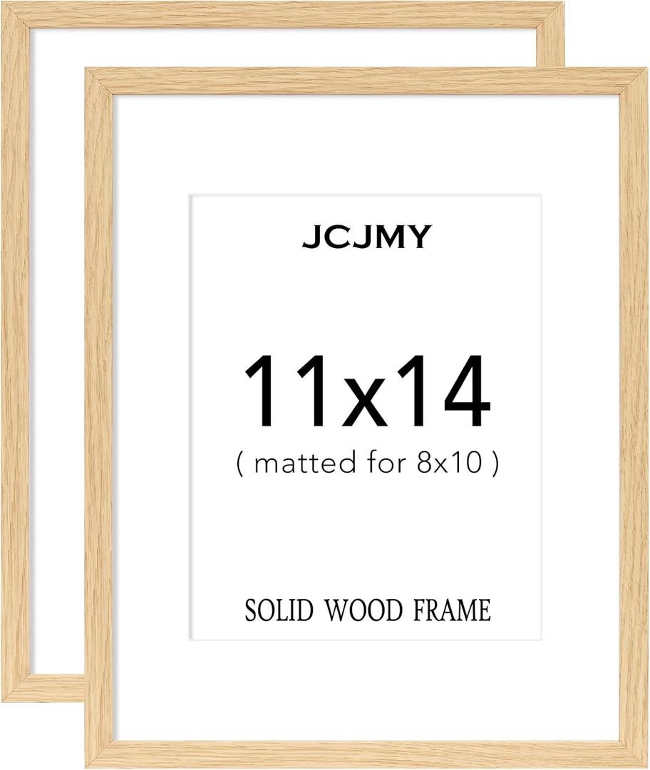 JCJMY 11x14 Picture Frame, Solid Wood Frame Set of 2, Display 8x10 with Mat or 11 x 14 without Mat, Wooden 11 by 14 Photo Frame with Shatter Resistant Plexiglass for Wall Hanging, 2 Pack, Natural