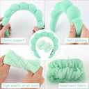 4 x Zkptops Spa Headband for Washing Face Wristband Set Sponge Makeup Skincare Headband Wrist Towels Bubble Soft Hairband for Women Puffy Headwear Winter Non Slip Thick Thin Hair Accessory(Light Green-3)