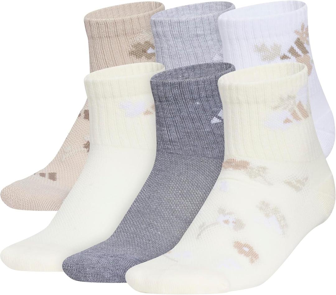 adidas Kids Cushioned Quarter Ankle Socks for Boys and Girls (6 Pairs) Durable & Comfortable (Large, Girls/Graphic/Wonder Beige/Cool Light Heather/Wonder White)