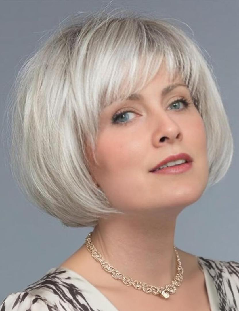 TISHINING Short White Blonde Bob Wig with Bangs for White Women Ombre Blonde Layered Straight Synthetic Hair Wig with Dark Roots Natural Chin Length Bob Wigs for Daily Party Use(10 Inch)