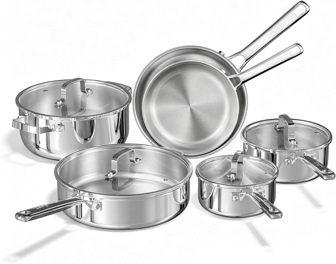 Tri-Ply Stainless Steel Cookware Set, 10pcs Pots and Pans Set Non Toxic
PFOA Free, Oven Safe to 900℉, Dishwasher Safe, All Cooktop Compatible